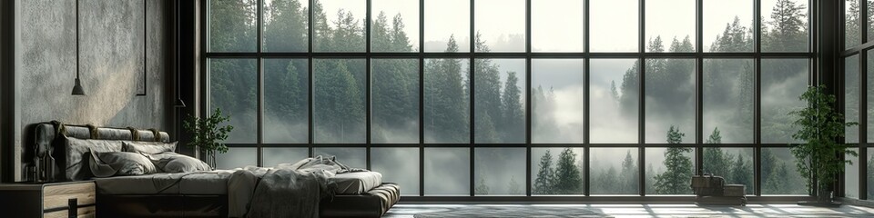 Fototapeta premium Industrial-style bedroom with metal accents, large glass window walls, and a misty forest landscape.