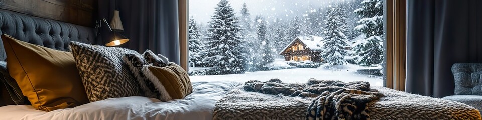 Fototapeta premium Inviting winter retreat with a cozy bed, luxurious throw blankets, and a picturesque snowfall visible from the bedroom.