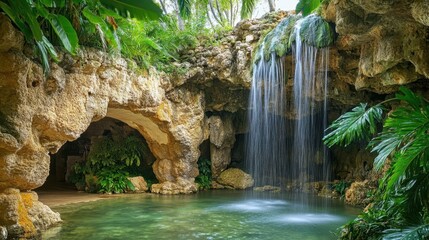 A stunning natural grotto with cascading waterfalls and intricate rock formations, set