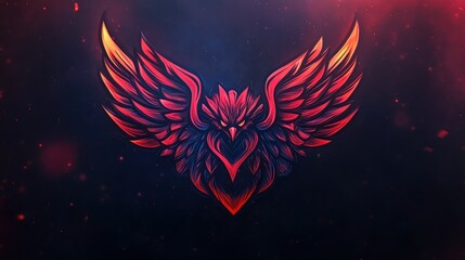 A fiery red phoenix with outstretched wings against a dark blue and red background.