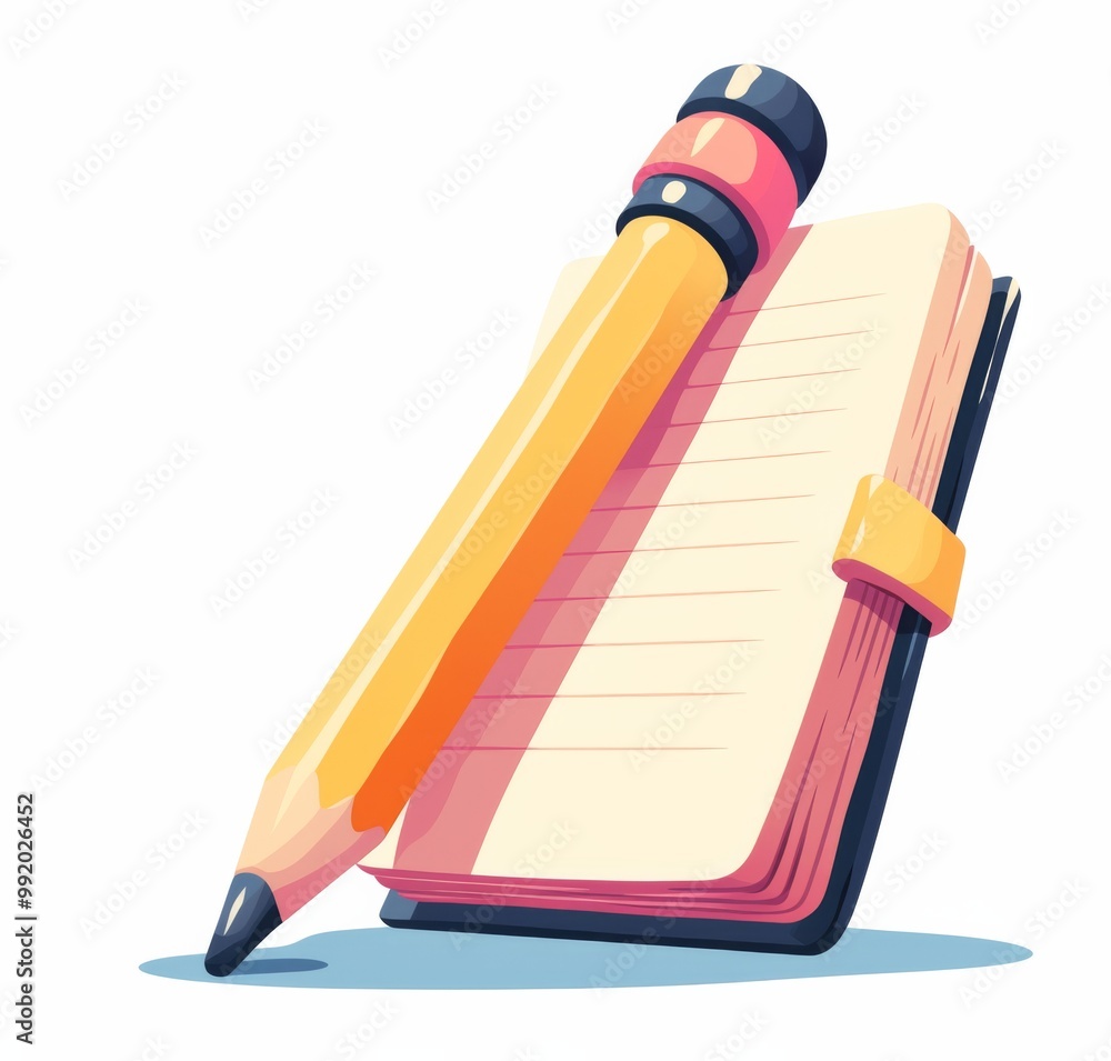 Poster simple icon of a notepad and pencil in vector style with pastel colors on a white background, perfec