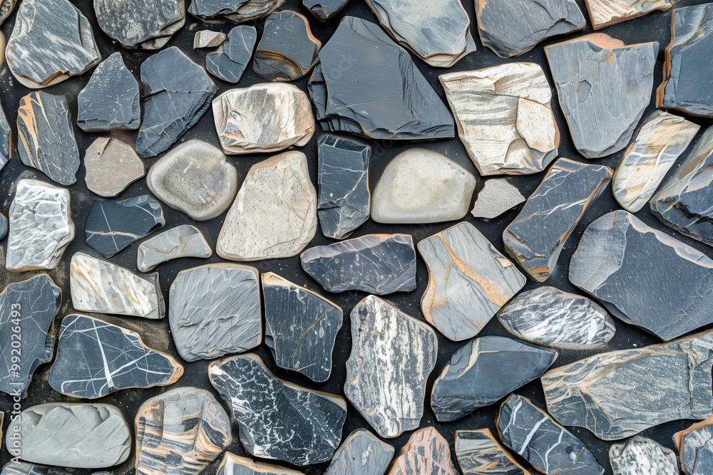 Poster various natural stone flooring arranged in a mosaic pattern. the stones feature a mix of colors incl