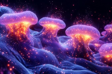 Naklejka premium Bioluminescent mushrooms glow in an ethereal landscape.