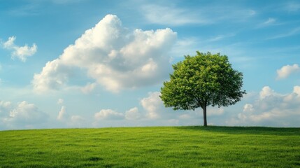 Fototapeta premium A lone tree stands tall in a field of green grass under a blue sky with white clouds.