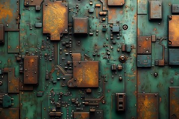 A close-up view of a rusty and weathered circuit board.