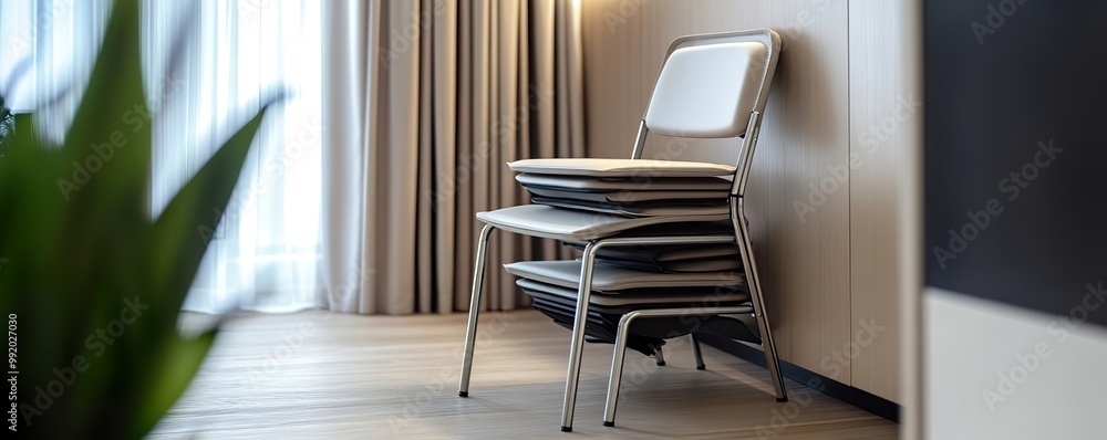 Poster modern foldable chairs neatly stacked and stored in a sleek corner, showcasing efficient space utili