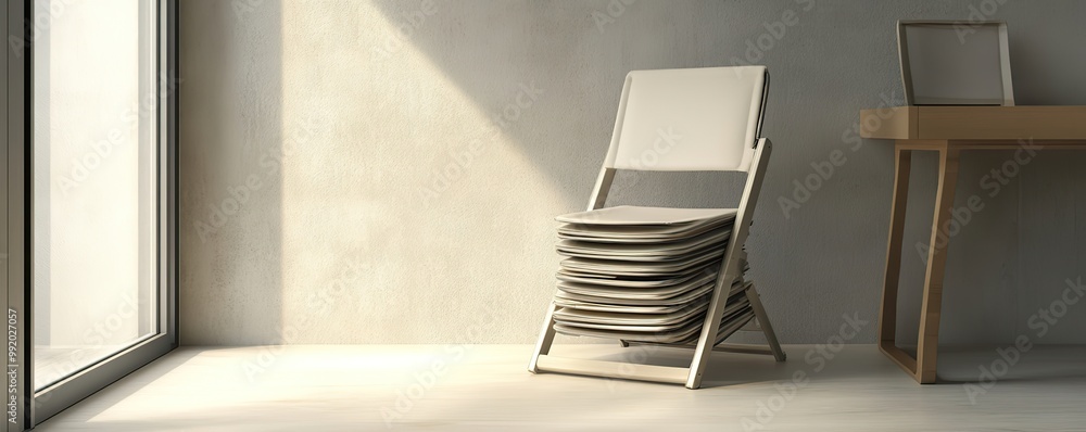 Poster modern foldable chairs neatly stacked and stored in a sleek corner, showcasing efficient space utili