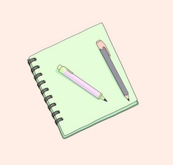Naklejka premium Simple icon of a notepad and pencil in vector style with pastel colors on a white background, perfect for educational or creative themes.