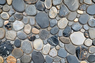 Variety of smooth, stone flooring rounded pebbles in different shades of gray, black, and beige. The stones are arranged closely together, showcasing their natural textures and patterns.