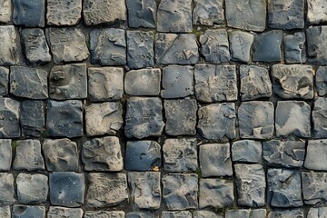 Cobblestone stone road pavement, featuring irregularly shaped dark stones arranged in a grid pattern. The surface shows texture and wear, with some stones appearing.