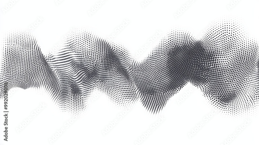 Poster abstract black halftone pattern representing an audio waveform, this minimalist composition features