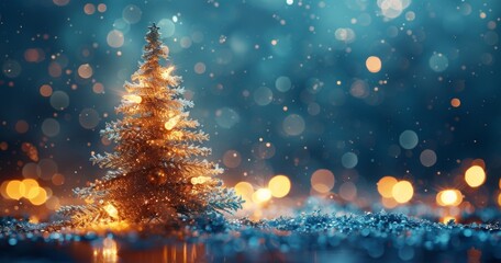 An illuminated Christmas tree sparkles with lights against a snowy, blurred background, creating a warm and festive atmosphere.