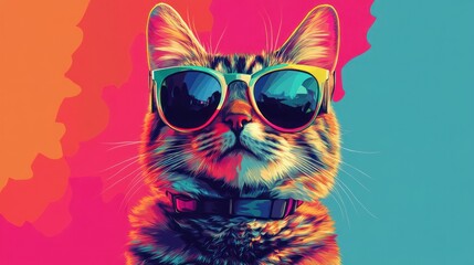 A cool cat wearing sunglasses against a colorful background.