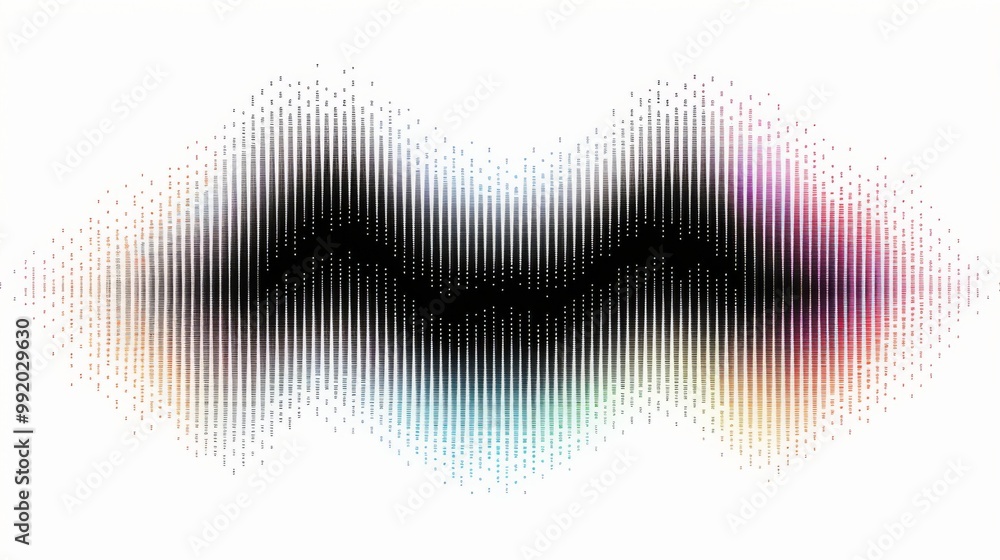 Poster abstract black halftone pattern representing an audio waveform, this minimalist composition features