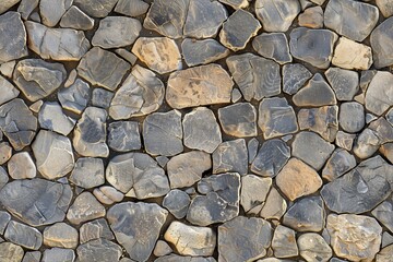 Textured stone road wall made of various sizes and shapes of gray and brown stones. The stones are arranged closely together, showcasing their natural patterns and colors.