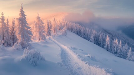 Carpathian winter mountain view with frosted trees and path through snow.