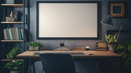 Mock-up of a blank rectangle canvas in a horizontal black frame, set above a desk against a wood wall, designed in a minimalist style with ample copy space for text.