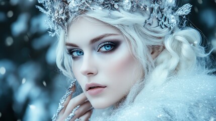 A young woman with white hair and blue eyes wears a silver crown and fur collar. She stares intently at the camera.