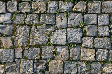 Old stone road cobblestone pathway, featuring irregularly shaped stones with a weathered texture. Small green plants and moss are growing between the stones.