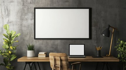 Mock-up of a blank rectangle canvas in a horizontal black frame, set above a desk against a wood wall, designed in a minimalist style with ample copy space for text.