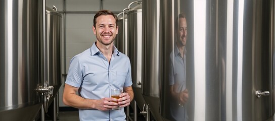 Craft Brewery scene featuring smiling brewmaster amidst stainless steel fermentation tanks