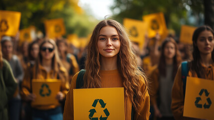 People attending an environmental awareness rally, holding signs promoting recycling and pollution reduction.