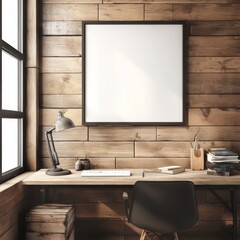 Mock-up of a blank rectangle canvas in a horizontal black frame, set above a desk against a wood wall, designed in a minimalist style with ample copy space for text.