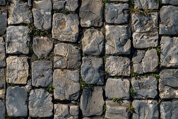 Obraz premium A close-up view of an old stone road cobblestone pavement with irregularly shaped stones. Some grass is growing between the stones, adding a touch of greenery to the rugged surface.