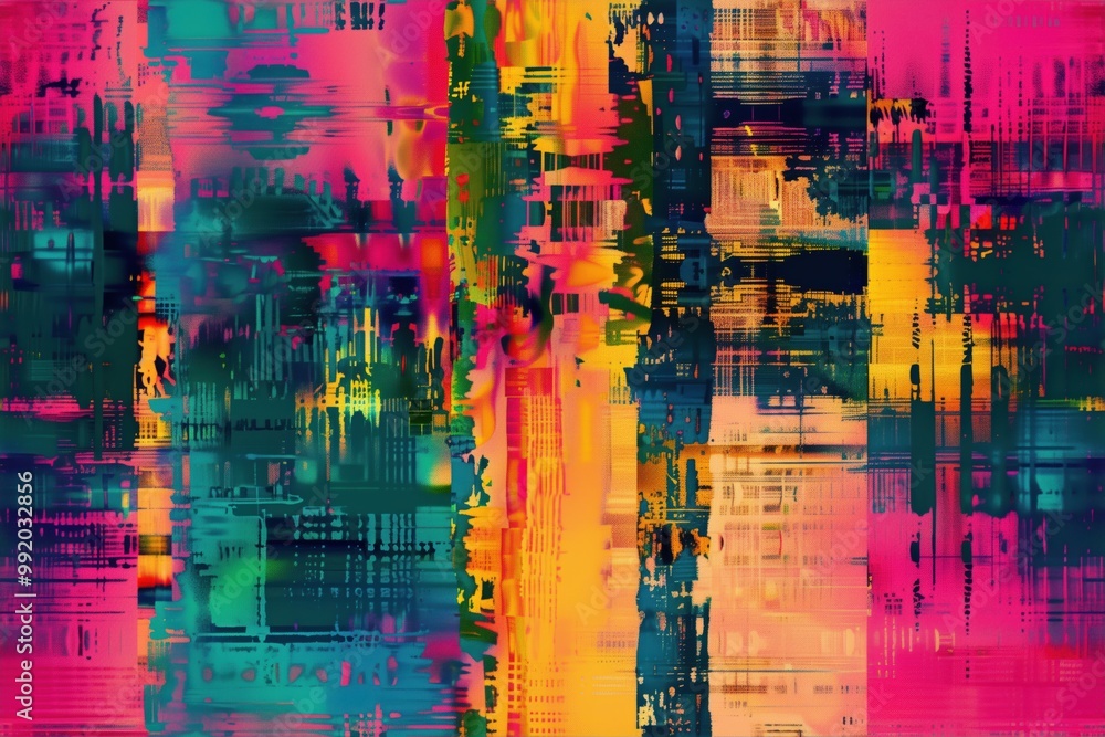 Poster seamless abstract digital distressed distortion artwork featuring vibrant colors and dynamic pattern