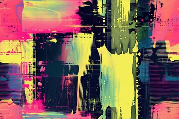 Seamless abstract painting featuring distressed distortion vibrant colors like pink, yellow, and green. The artwork showcases dynamic brush strokes and a mix of textures.