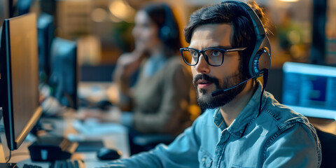 Focused Customer Support Representative Wearing Headphones: Demonstrating Professionalism and Dedication in Providing Exceptional Service and Support