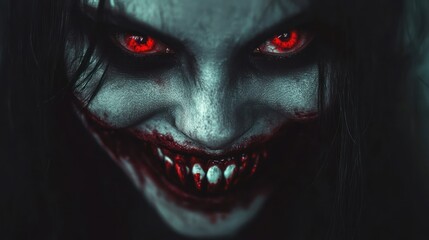 A close-up of a scary, evil-looking monster with red eyes and a bloody mouth.