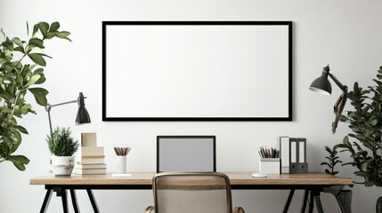 Fototapeta premium Mock-up of a blank rectangle canvas in a horizontal black frame, set above a desk against a wood wall, designed in a minimalist style with ample copy space for text.