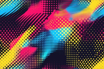 Seamless vibrant abstract halftone glitch background featuring a mix of colorful dots and dynamic lines in shades of pink, blue, yellow, and black. The design has a modern.
