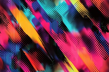 Seamless vibrant abstract halftone glitch background featuring bold colors like pink, blue, orange, and black. The design includes diagonal lines, dots, and a mix of textures.