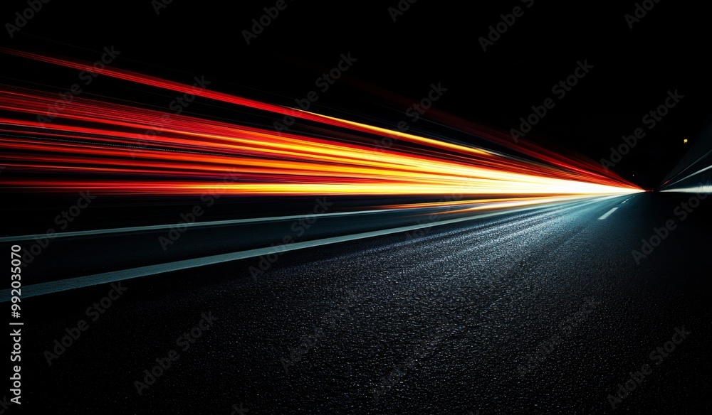 Poster orange light trails on the road with a black background, showcasing dynamic speed motion and motion 