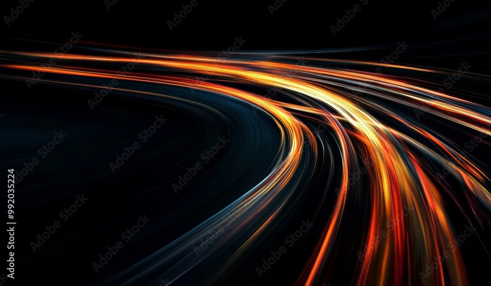 Poster orange light trails on the road with a black background, showcasing dynamic speed motion and motion 