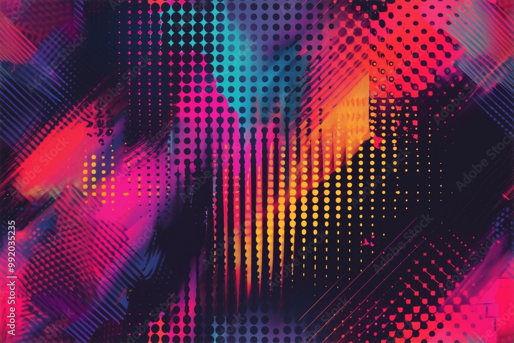 Poster seamless vibrant abstract halftone glitch background featuring a mix of bright colors like pink, blu