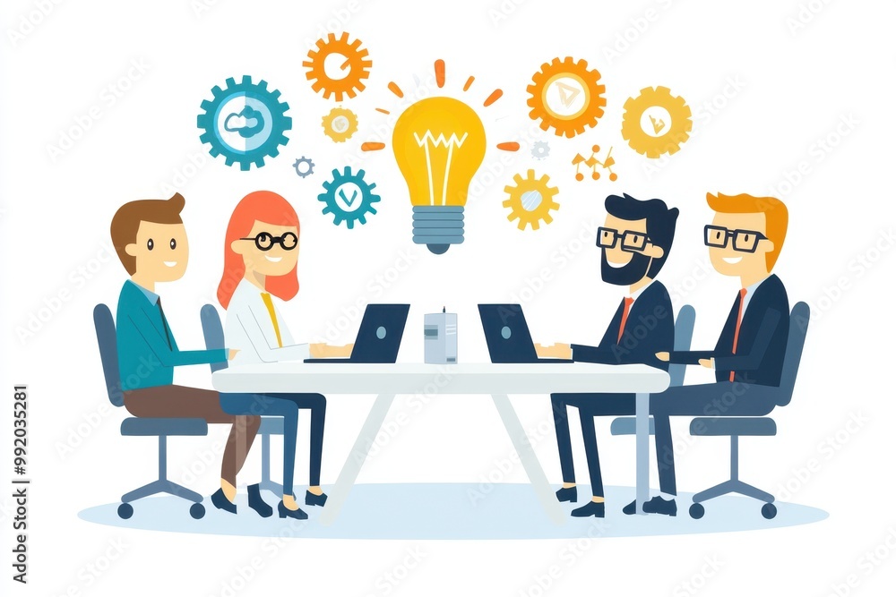 Poster people sitting at a table, having an idea with light bulbs and gears around them on a white backgrou