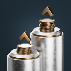 3D Gold Coins with Upward Arrows &ndash; Financial Growth and Investment Concept