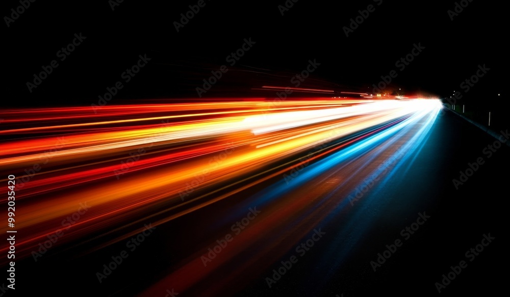 Poster orange light trails on the road with a black background, showcasing dynamic speed motion and motion 