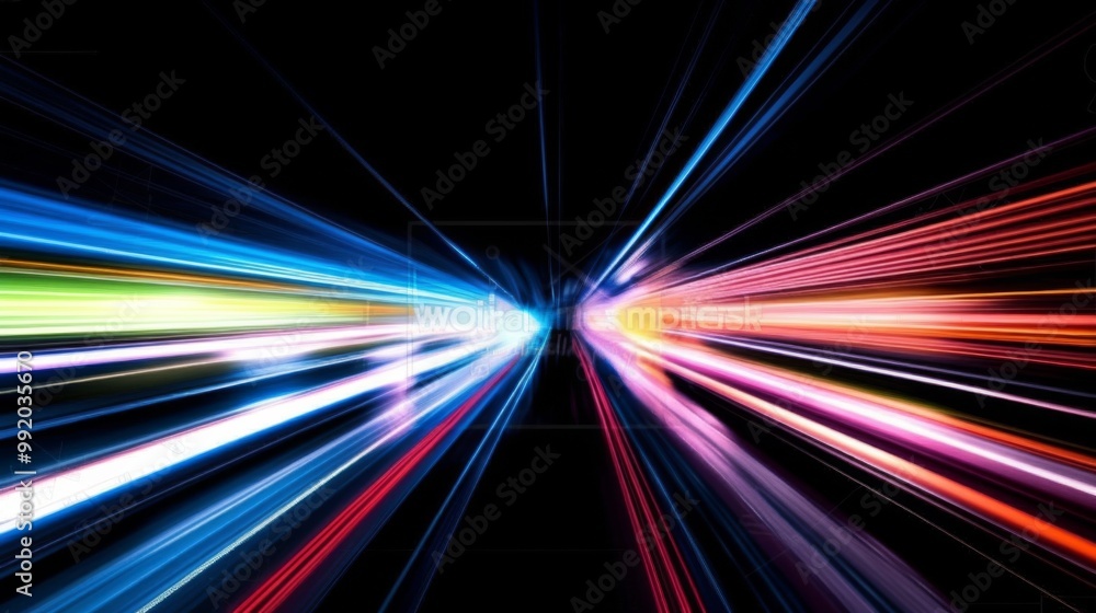 Poster colorful light trails on the road with a black background, showcasing dynamic speed motion and motio