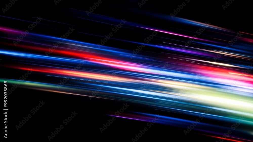 Poster colorful light trails on the road with a black background, showcasing dynamic speed motion and motio
