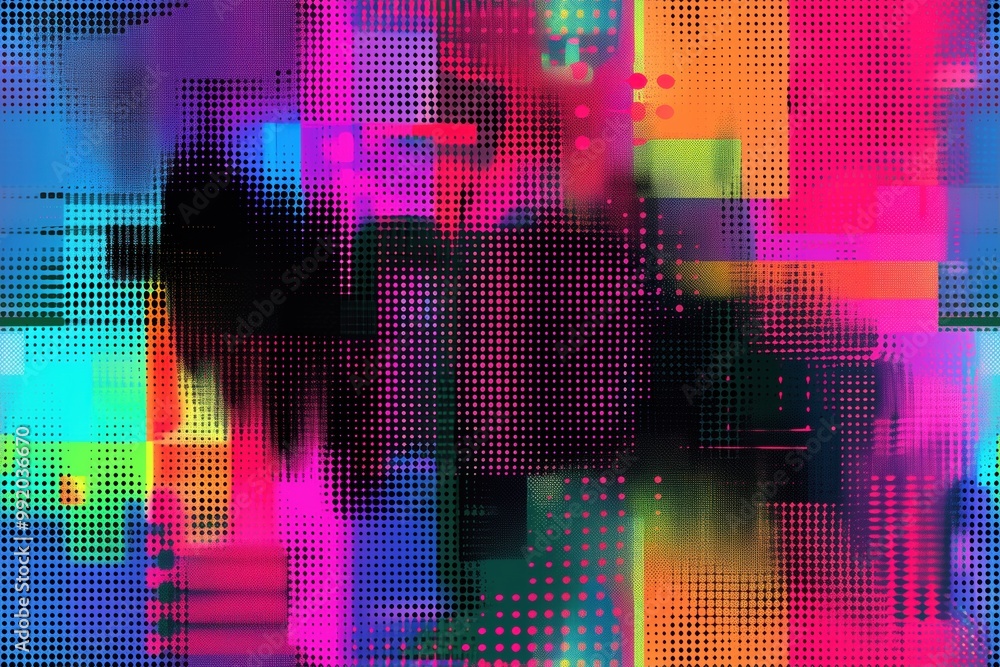 Poster seamless vibrant abstract halftone glitch composition featuring a mix of colorful geometric shapes a