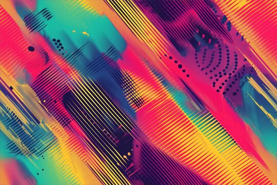 Seamless abstract halftone glitch digital artwork featuring vibrant colors like pink, blue, yellow, and purple. The composition includes dynamic lines and shapes that create.