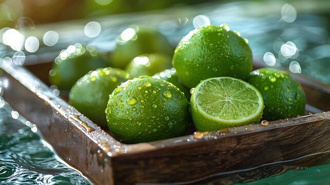 Spanish lime placed bright floatable tray gently drifting luxury pool surrounded crystalclear water tropical drink softly blurred background evoking luxurious resort feel Scientific name Melicoccus