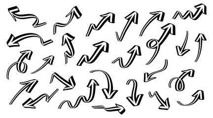 Hand drawn arrows collection Set simple flat arrows isolated on white background. Arrow mark icons and arrow paint. Stock vector. EPS10.