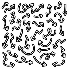 Hand drawn arrows collection Set simple flat arrows isolated on white background. Arrow mark icons and arrow paint. Stock vector. EPS10.