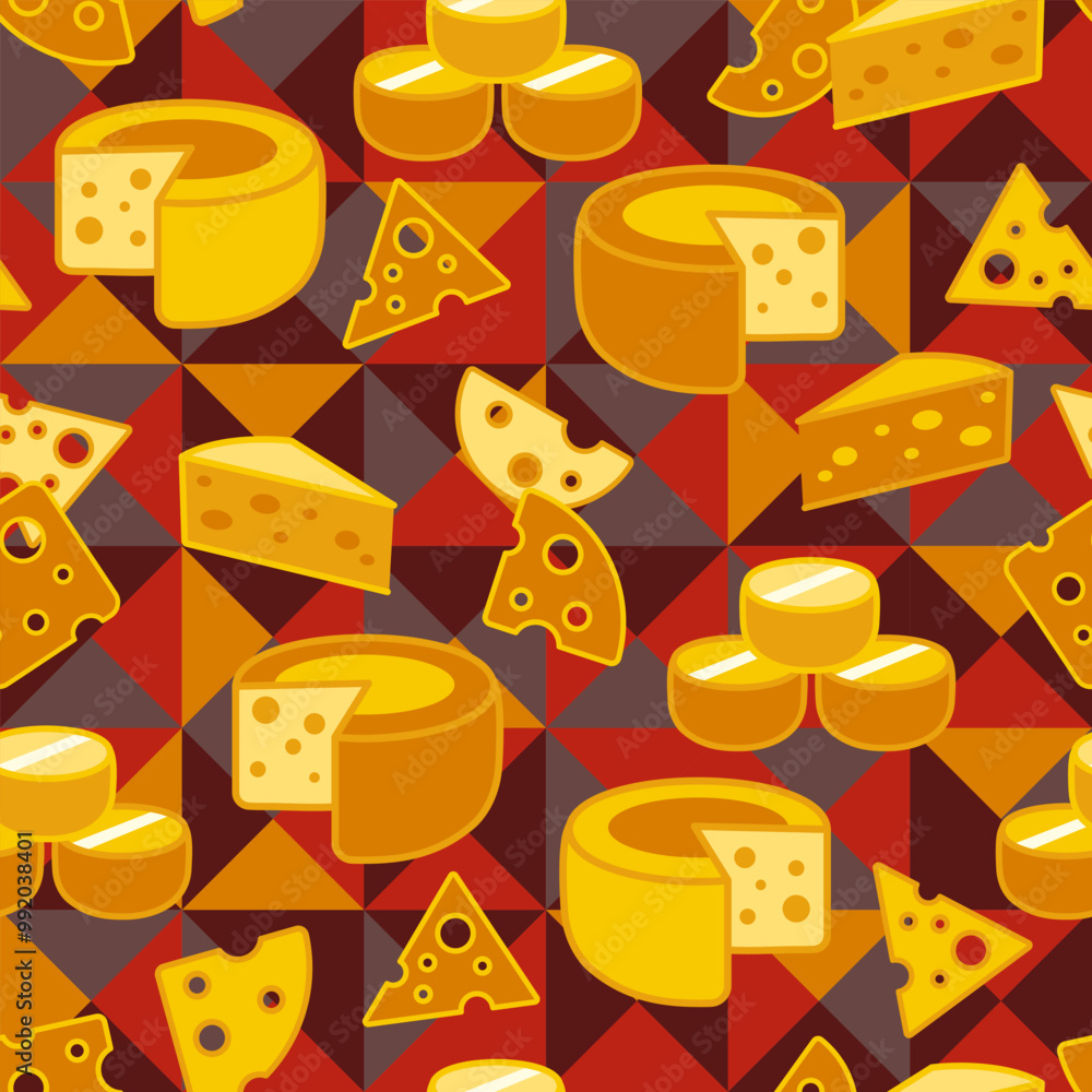 Poster seamless pattern with icons of cheese slices, pieces and wheels on dark mosaic background. flat simp