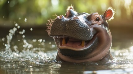 A happy baby hippo sitting in a pool of water, with splashes around it and a big smile on its face, enjoying a carefree day.